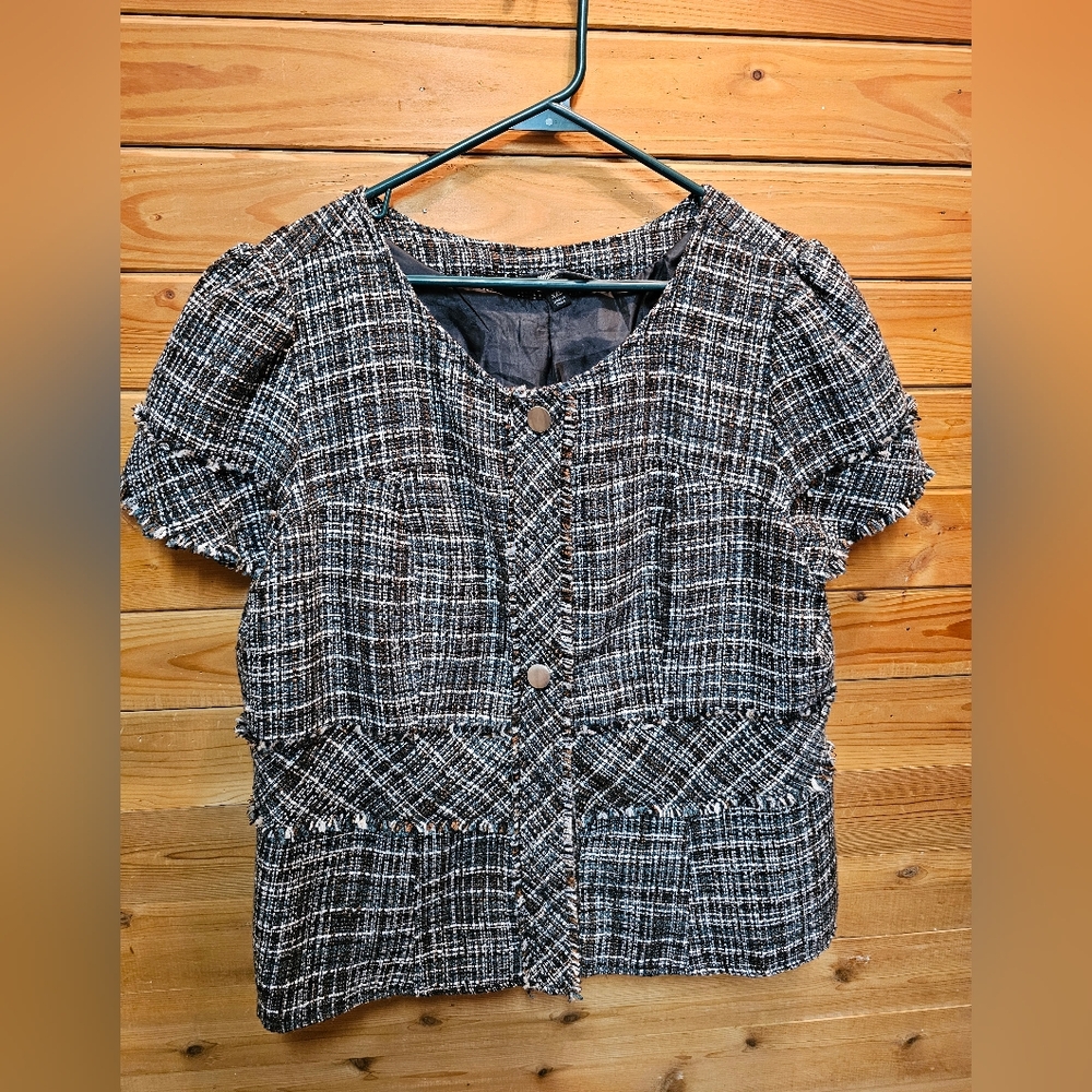 Women's Black & White Tweed Short-Sleeve Jacket